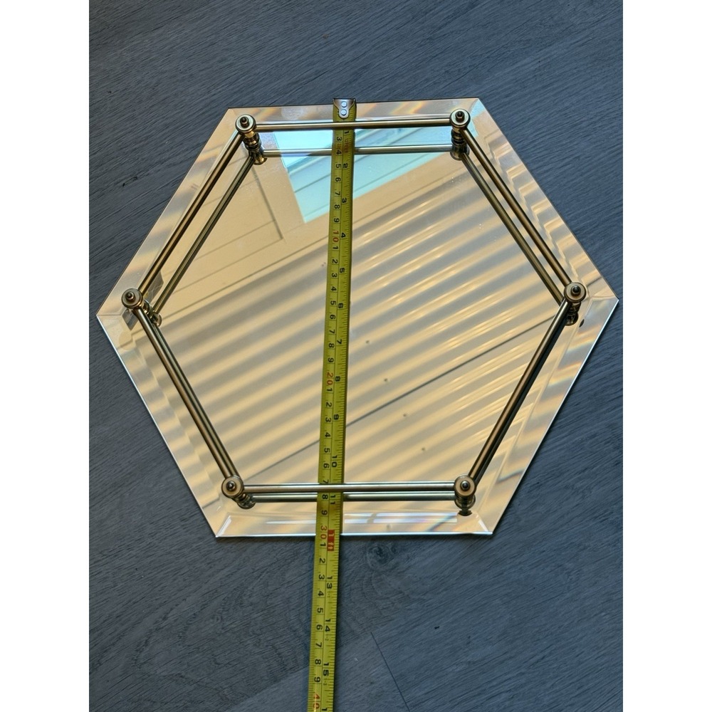 Hexagon Beveled Mirrored Vanity Tray Brass Tone Rail VTG Hollywood Regency 12" - Picture 6 of 7